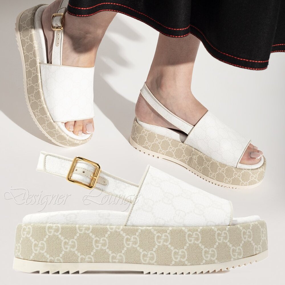 NEW GUCCI Angelina GG White Supreme Canvas Slingback Platform Sandals EU 40.5